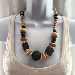 Vintage Boho Wood Bead Statement Necklace in Natural and Dark Brown